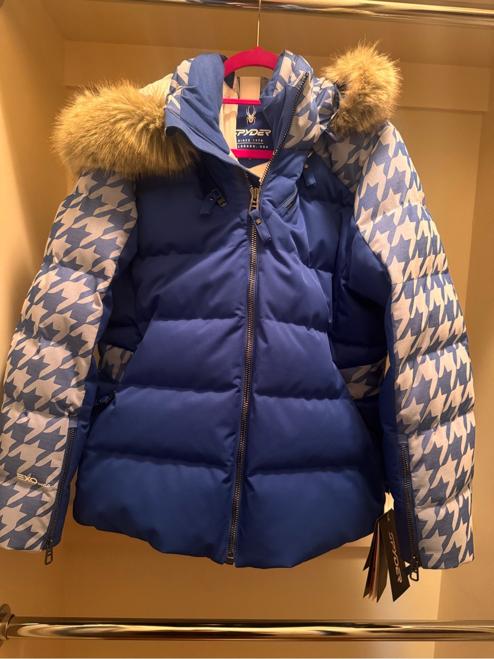 Spyder Blue Houndstooth Ski Jacket with Faux-Fur Trim
